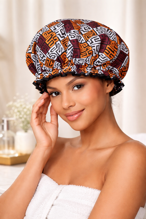 Bonnet de douche  Imprimé africain marron et jaune orange