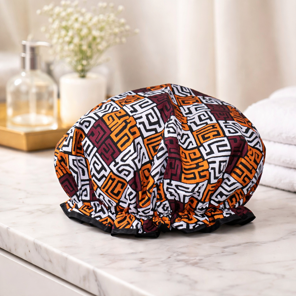 Bonnet de douche  Imprimé africain marron et jaune orange