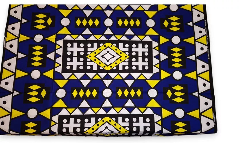 6 yards - Tissu imprimé africain - Samakaka / Samacaca bleu et jaune (Angola) - 100 % coton