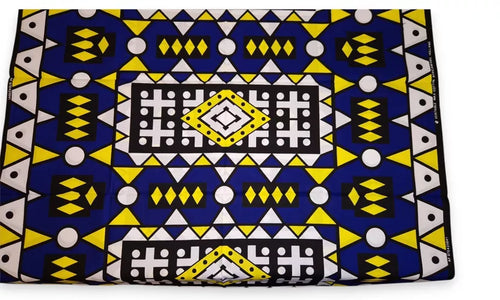 6 yards - Tissu imprimé africain - Samakaka / Samacaca bleu et jaune (Angola) - 100 % coton
