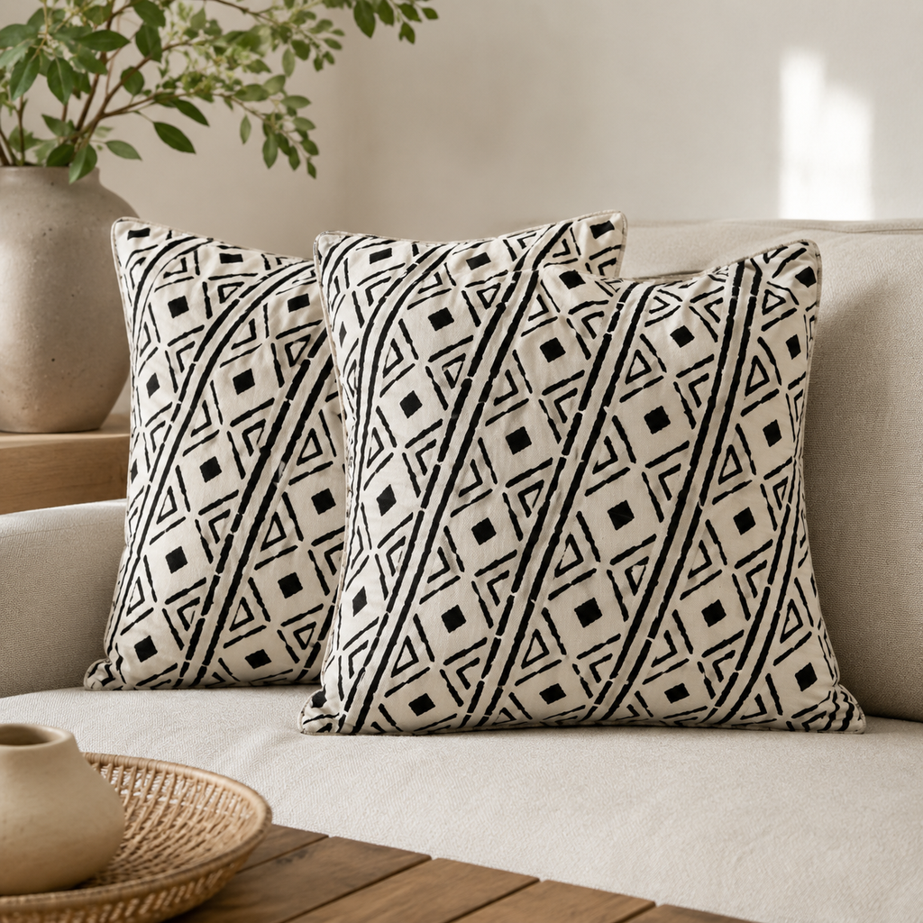Lot de 2 housses de coussin Bogolan de Korhogo, beige et noir, pour une décoration africaine chic,