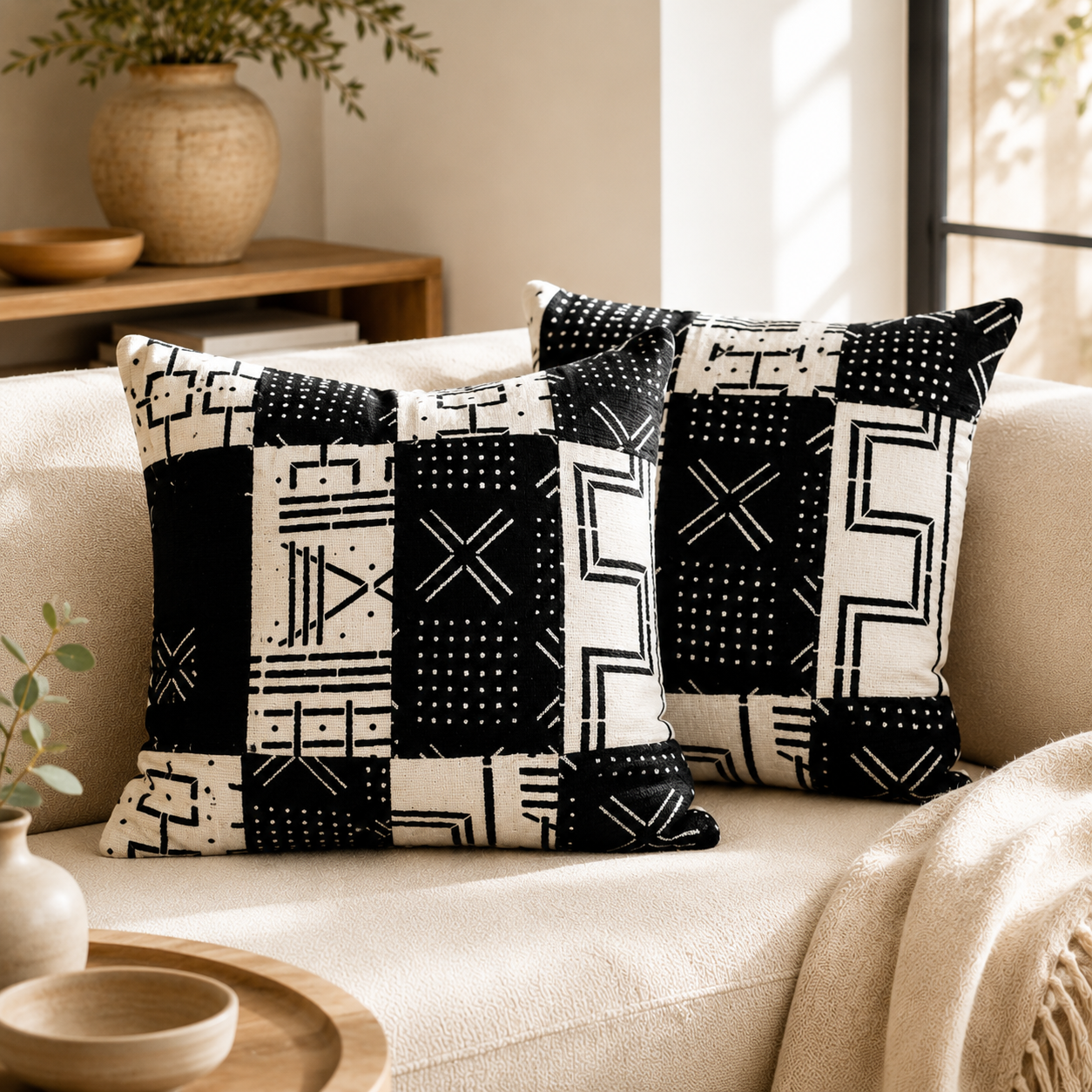 Lot de 2 housses de coussin Bogolan de Korhogo, beige et noir, pour une décoration africaine chic,