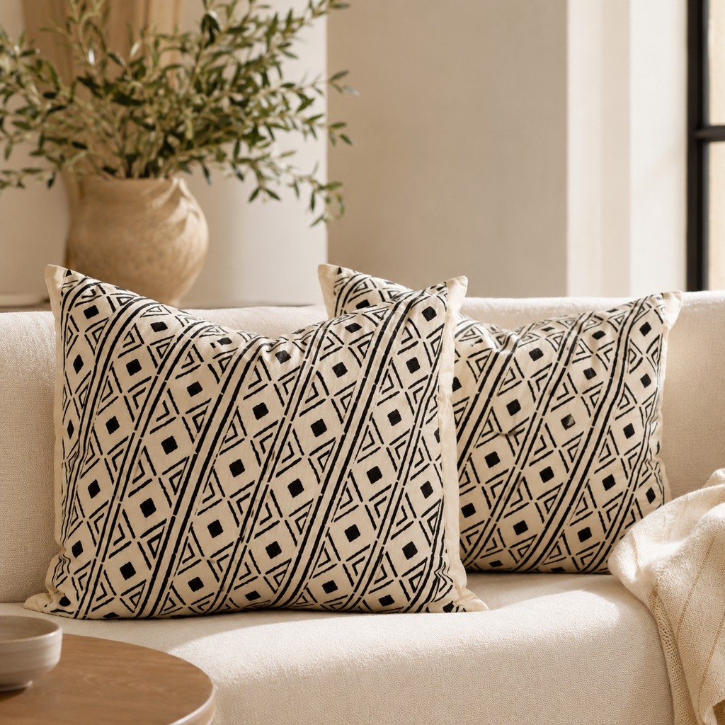 Lot de 2 housses de coussin Bogolan de Korhogo, beige et noir, pour une décoration africaine chic,